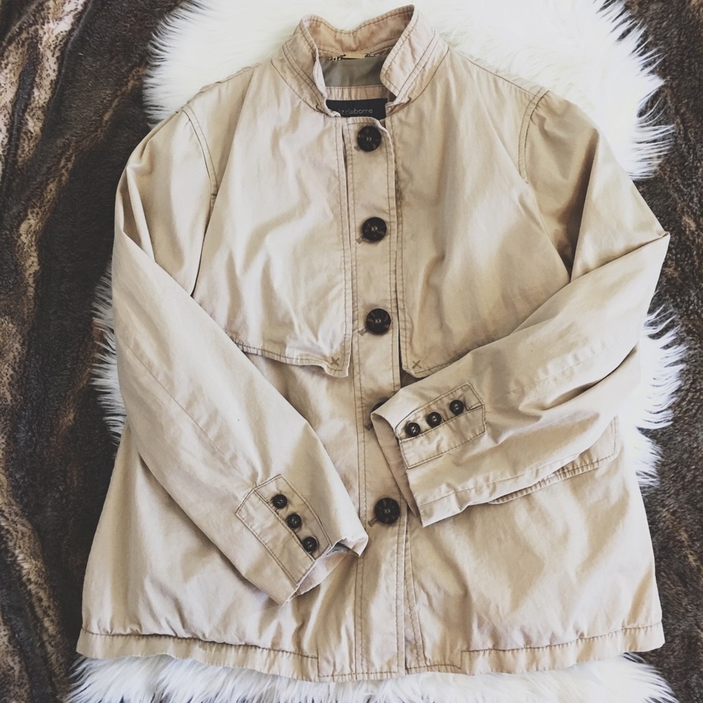 Classic Stretch Liz Claiborne Tan Lined Crop Trench Coat Jacket - Picture 6 of 9